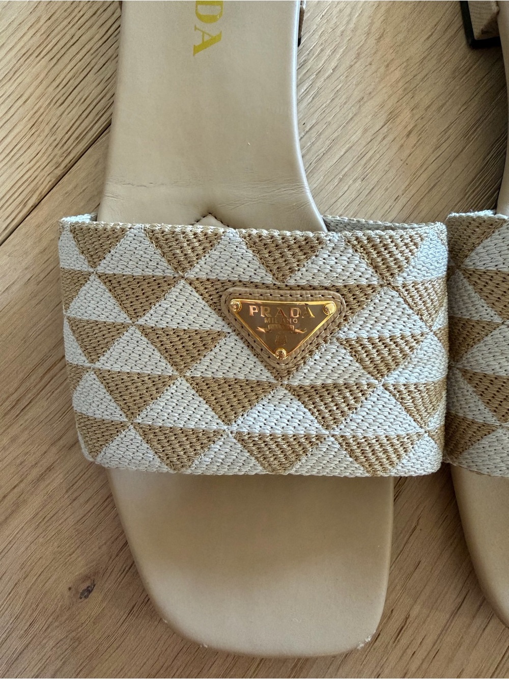 Prada Beige & Cream Geometric Slide Sandals